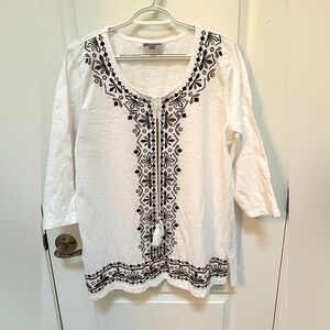JM Collection White Embroidered Women's Top,Size L, 3/4 sleeves, Beaded Accents